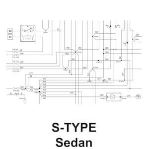 以下が含まれることがあります： 2006 年型 S-TYPE セダンの配線図で、電気部品とその接続を示しています。図には、さまざまなワイヤー、リレー、ヒューズのラベルが含まれています。また、「ガソリンとディーゼル」と「2006 年モデル、VIN: N52048 以降」というテキストも含まれています。