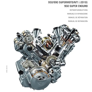 Puede incluir: Una ilustración detallada en corte de un motor de motocicleta KTM. La imagen muestra el funcionamiento interno del motor, incluyendo los pistones, las bielas, el cigüeñal y el árbol de levas. El texto en la imagen dice "REPAIRMANUAL 2003-2013" y enumera los diferentes modelos de motocicletas KTM cubiertos por el manual.