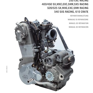 May include: A close-up of a silver motorcycle engine with a black carburetor. The engine is labeled with the KTM logo and the text "REPAIR MANUAL 2000-2005".