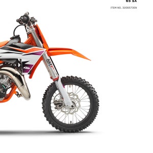 Könnte beinhalten: Ein Reparaturhandbuch für ein KTM 65 SX Dirtbike. Das Handbuch ist für das Modelljahr 2024. Der Einband des Handbuchs zeigt ein Foto des Motorrads mit dem KTM-Logo und den Worten "Ready to Race".