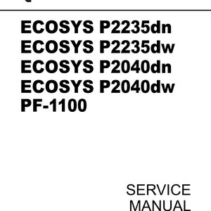 Może przedstawiać: Czarno-biała instrukcja serwisowa dla drukarek Kyocera ECOSYS P2235dn, P2235dw, P2040dn, P2040dw i PF-1100. Instrukcja została opublikowana w styczniu 2017 r., wersja 2RVSM062, rewizja 2.