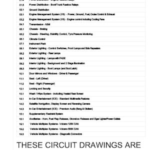 Puede incluir: Un documento en blanco y negro con el título "Circuit Drawings Are Specific to V8 Zagato" y una lista de contenidos para el sistema eléctrico del vehículo. El documento también incluye el texto "Left Hand Drive (Non-Federal)", "ASM Transmission", y "Bang & Olufsen Audio".