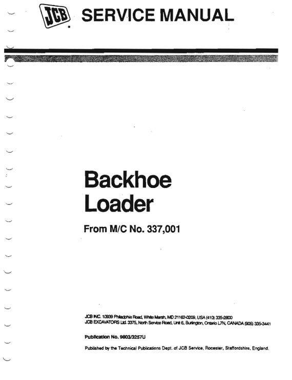 JCB Backhoe excavator Loader 200 series - from Machine number 337001  Service Workshop Repair Manual