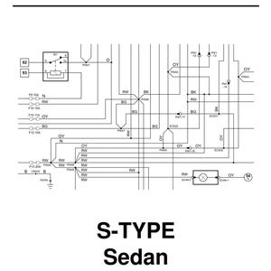 Op de afbeelding: Een zwart-wit schema van de bedrading voor een S-TYPE Sedan uit 2005, dat het elektrische systeem voor de benzine- en dieselmotoren van de auto laat zien. Het schema bevat verschillende componenten, zoals relais, zekeringen en sensoren, en gebruikt kleurgecodeerde draden om verschillende circuits aan te geven.