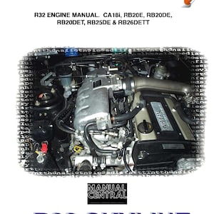 Peut inclure: Gros plan sur un moteur de Nissan R32 Skyline, avec le texte "R32 ENGINE MANUAL. CA18i, RB20E, RB20DE, RB20DET, RB25DE & RB26DETT" et "R32 SKYLINE" imprim&eacute; sous le moteur.