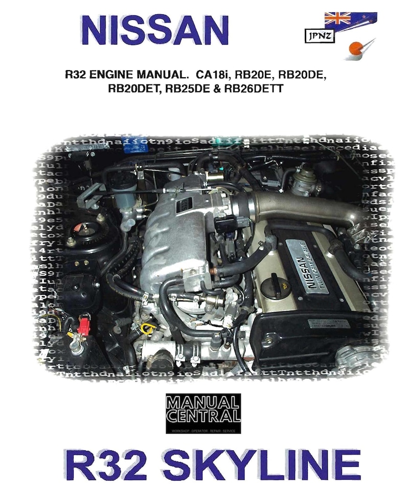 Peut inclure: Gros plan sur un moteur de Nissan R32 Skyline, avec le texte "R32 ENGINE MANUAL. CA18i, RB20E, RB20DE, RB20DET, RB25DE & RB26DETT" et "R32 SKYLINE" imprim&eacute; sous le moteur.