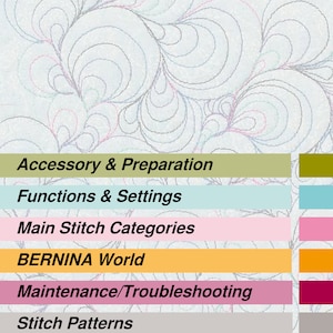 Puede incluir: Una tabla de contenido para un manual de costura con el título "Costura" en la parte superior. La tabla de contenido incluye las siguientes secciones: Accesorios y preparación, Funciones y configuraciones, Categorías principales de puntadas, Mundo BERNINA, Mantenimiento/Solución de problemas, Patrones de puntadas e Índice.