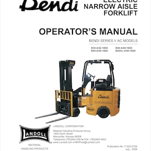 May include: A yellow and black electric forklift with the text "Bendi" on the side. The forklift is a narrow aisle model and is part of the Bendi Series V AC models. The operator's manual for this forklift is available from Landoll Corporation.