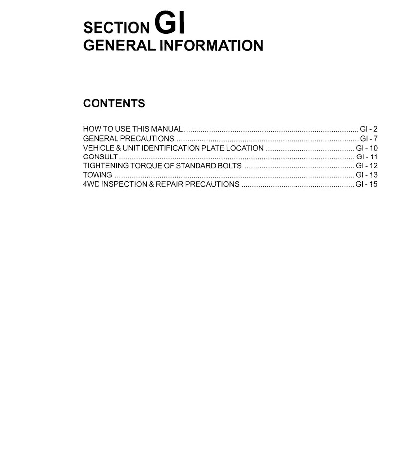Peut inclure: Un document noir et blanc avec le titre "SECTION GI INFORMATIONS G&Eacute;N&Eacute;RALES" et une liste de contenus avec des num&eacute;ros de page. Le contenu comprend "Comment utiliser ce manuel", "Pr&eacute;cautions g&eacute;n&eacute;rales", "Emplacement de la plaque d'identification du v&eacute;hicule et de l'unit&eacute;", "Consulter", "Couple de serrage des boulons standard", "Remorquage" et "Inspection et pr&eacute;cautions de r&eacute;paration 4WD".