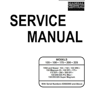 Könnte beinhalten: Schwarzweißes Servicehandbuch für Mariner und Mercury Außenbordmotoren. Das Handbuch umfasst die Modelle 135, 150, 175, 200 und 225. Das Handbuch gilt für Motoren, die ab 1992 hergestellt wurden. Das Handbuch enthält Informationen zum 150 Magnum III, 150 EFI, 175 EFI, 200 EFI, 150/200/225 Pro Max und 150/200/225 Super Magnum. Das Handbuch gilt für Motoren mit Seriennummern OD082000 und höher.