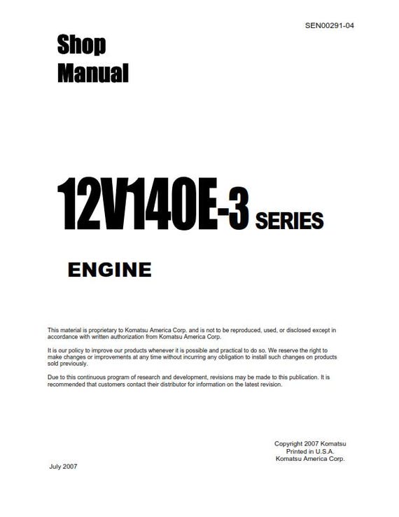 Komatsu Engine 12v140e-3 Series - Shop Manual - Service Workshop Repair Manual