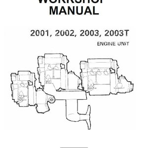 May include: Black and white line drawing of a workshop manual for a 2001, 2002, 2003, and 2003T engine unit. The drawing shows a detailed diagram of the engine unit. The text "Workshop Manual" and "Engine Unit" are visible in the image. The text "Manual Central" is also visible in the image.