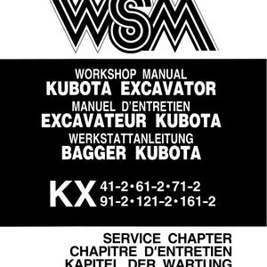 Puede incluir: Portada de manual de taller en blanco y negro para una excavadora Kubota. La portada presenta el texto "Manual de taller Excavadora Kubota" en letras grandes y negritas. El manual cubre los modelos KX 41-2, 61-2, 71-2, 91-2, 121-2 y 161-2.