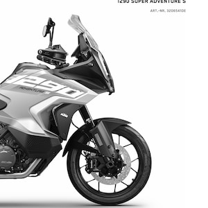 May include: A black and white image of a KTM 1290 Super Adventure S motorcycle. The motorcycle is shown from the front, with the front wheel and headlight visible. The text "READY TO RACE" and "REPARATURANLEITUNG 2023" is visible at the top of the image. The text "1290 SUPER ADVENTURE S" and "ART.-NR. 3206541DE" is visible in the center of the image.