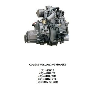 Puede incluir: Un motor plateado con una cubierta negra y plateada. El motor está etiquetado como "YANMAR ENGINE PARTS CATALOGUE". El texto debajo del motor dice "COVERS FOLLOWING MODELS (A)=4JH2E (B)=4JH2-TE (C)=4JH2-THE (D)=4JH2-DTE (E)=4JH2-UTE(B)"
