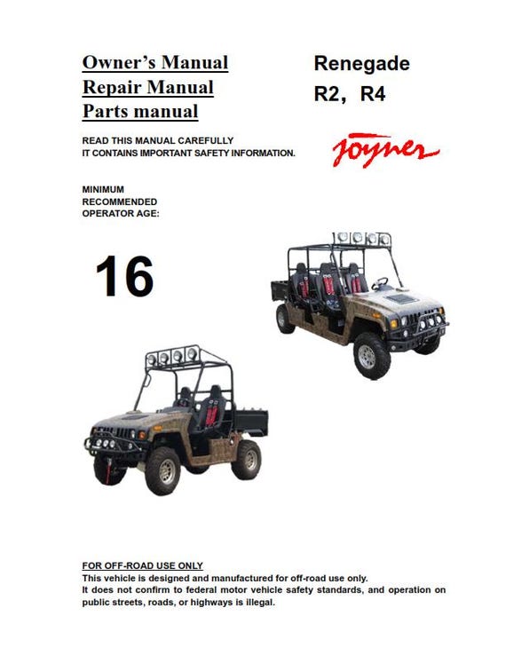 Joyner Renegade R2 R4 JNSZ800UV Owners Parts Service Workshop Repair Manual