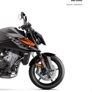 May include: A black and orange KTM 990 Duke motorcycle with a black front wheel and a black and orange seat. The motorcycle is on a white background. The text "READY TO RACE" and "REPAIR MANUAL 2024" is at the top of the image. The text "990 DUKE" and "ITEM NO. 3206585EN" is at the bottom of the image.