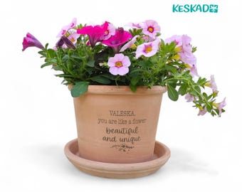 TERRACOTTA FLOWER POT &#39;VALESKA&#39; + engraving planter round natural gift for Mother&#39;s Day birthday for grandma mom friend flowers container garden