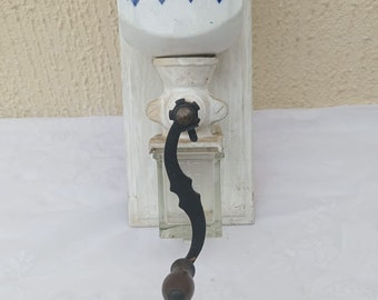 Vintage 50er Jahre holländische Kaffeemühle Delft Blue Wand montiert Holz Metall Opalglas Douwe Eggberts Bohnenmühle