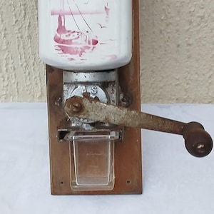 Vintage 50&#39;s Dutch coffee grinder delft blue wall mounted wood metal opaline glass douwe egberts bean mill