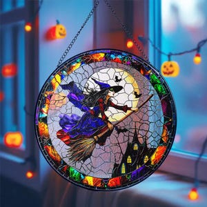 Witch Flying Stained Glass Suncatcher, Halloween Witch Window Hanging Ornament, Magical Broomstick Suncatcher, Halloween Hanging Decor