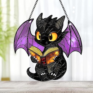 Reading Book Dragon Suncatcher Ornament, Fantasy Dragon Acrylic Window Hanging, Dragon Wall Window Hanging Art Decoration,Bookish Home Decor
