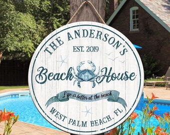 Personalized Beach House Sign, Beach House Art Decor, Beach Party Outdoor Decor, Custom Family Name Wood Signs, Rustic Summer Sign