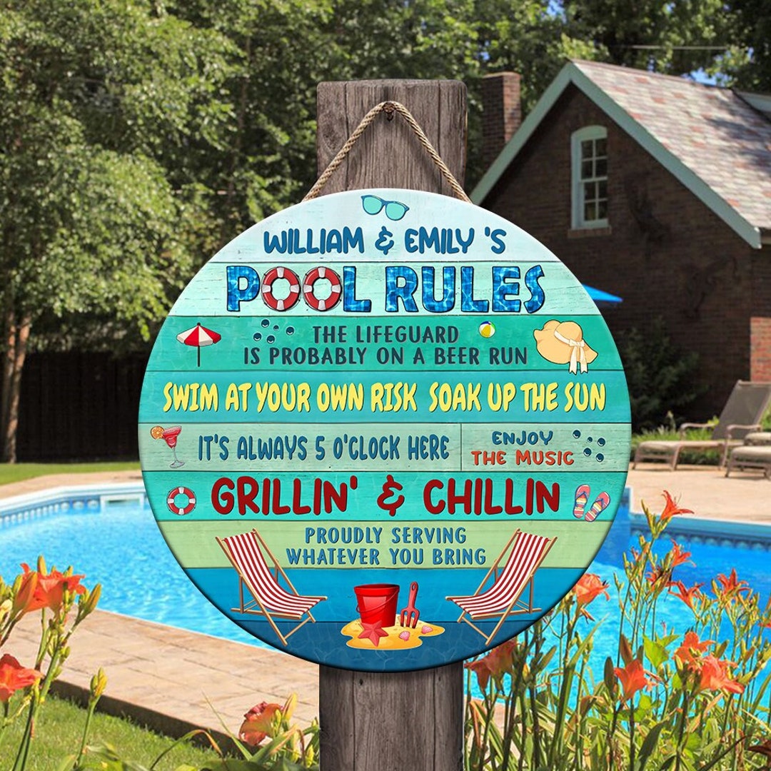 Personalized Pool Rules Wooden Sign, Funny Swimming Pool Sign, Poolside