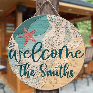 Personalized Summer Beach Round Wooden Sign, Coastal Welcome Sign, Ocean Ave Sign, Nautical Sign for Door, Deck Sign, Door Wreaths Beach