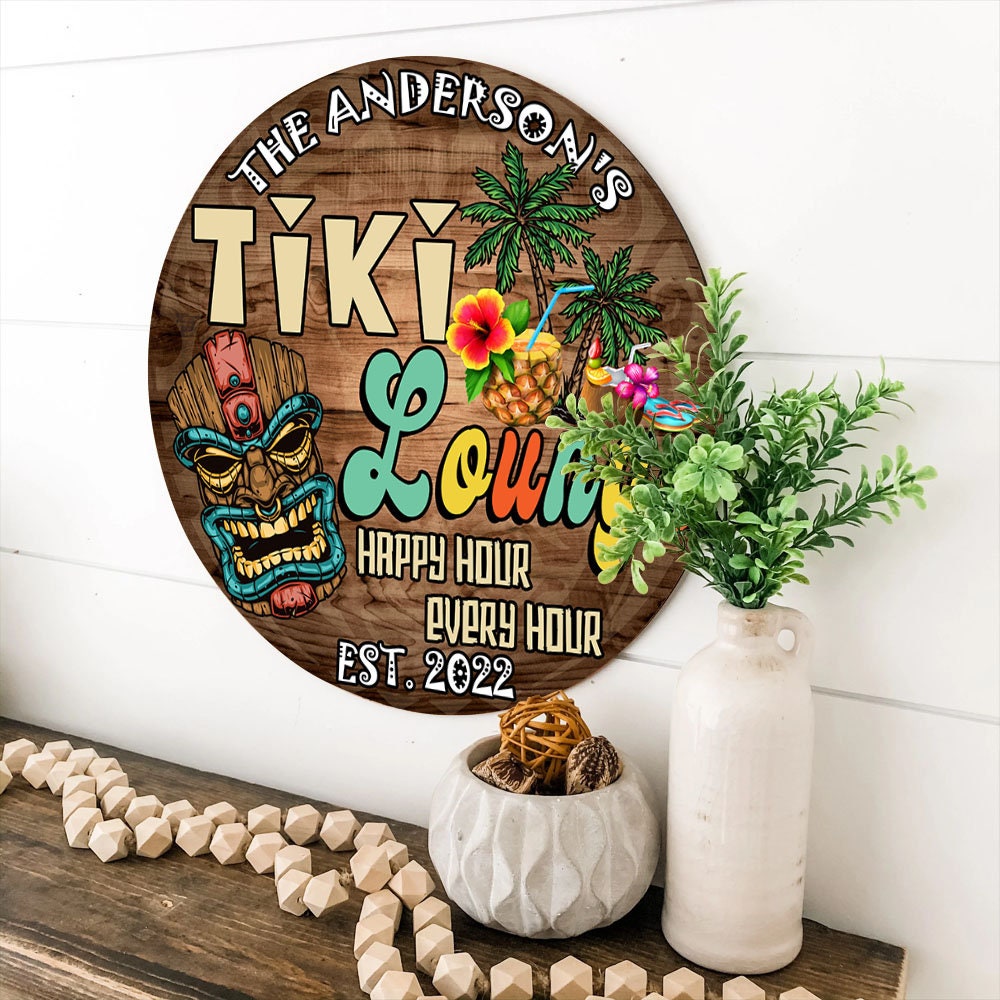 Personalized Tiki Lounge Hawaiian Signs Happy Hour Every Hour Outdoor