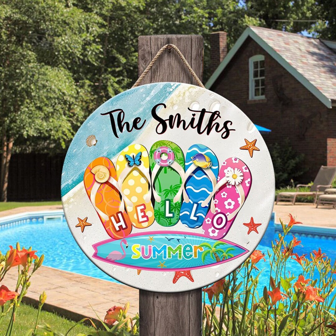 Custom Hello Summer Flip Flop Wooden Sign, Welcome Pool Sign, Summer
