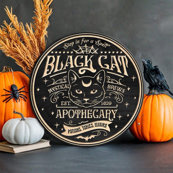 Black Cat Apothecary Sign, Rustic Farmhouse Halloween Cat Sign, Potion Sign Witchcraft Halloween Party Decoration, Fall Porch Backyard Decor