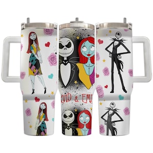 Kundenspezifischer Jack n Sally Becher mit Griff und Strohhalm, personalisierter Paarbecherbecher, Geschenk für Paare