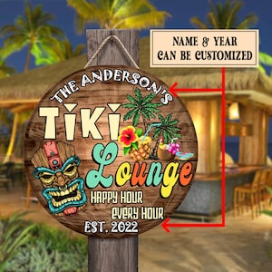 Personalized Tiki Lounge Hawaiian Signs Happy Hour Every Hour Outdoor Beach Good Luck Shed Man Cave Tiki Bar Wood Sign Custom Home Bar Decor
