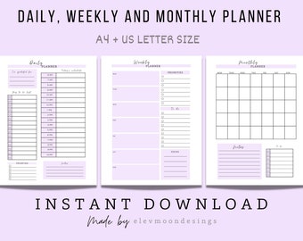May include: Printable daily, weekly, and monthly planner templates in A4 and US letter size. The templates feature a light purple background with black text and lines.