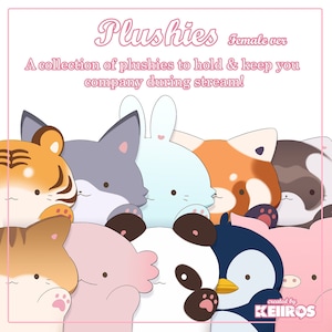 Puede incluir: Una colección de peluches con diferentes animales, incluyendo un tigre, un lobo, un conejo, un panda rojo, un mapache, un gato, un ajolote, un panda y un pingüino. Los peluches están todos en un esquema de color pastel suave y tienen caras lindas y de dibujos animados.