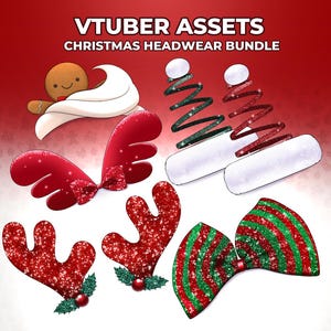 May include: A set of six Christmas-themed headwear assets for virtual YouTubers. The assets include a gingerbread man, a Santa hat, a Christmas tree, reindeer antlers, a bow, and a Christmas tree with a spiral design.