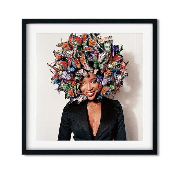 Photo de Naomi Campbell avec des papillons, affiche photo Naomi Campbell, impression de photographie de mode, affiche d'art photo féministe, affiche top model