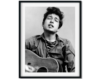 Bob Dylan Playing Guitar Print, Bob Dylan Black and White Photo Wall Art, American Singer Vintage Photo Print, Wall Art Vintage Poster Print