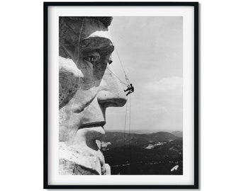 Mount Rushmore Print, A Maintenance Worker On The Nose of Mount Rushmore's Abraham Lincoln Photo, Vintage Photo Print of Mount Rushmore