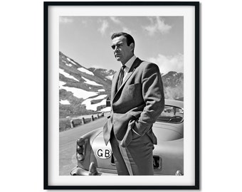 Sean Connery Print, 007 James Bond Classic Car Black and White Wall Art, Goldfinger Movie Print, Photography Print, High Quality Photo Print