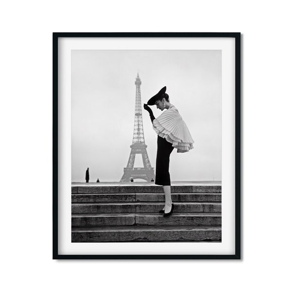 Model In Paris, Eiffel Tower Black And White Photography Print By Walde Huth, Patricia in Jaques Fath,  Vintage Photo, Fashion Wall Poster