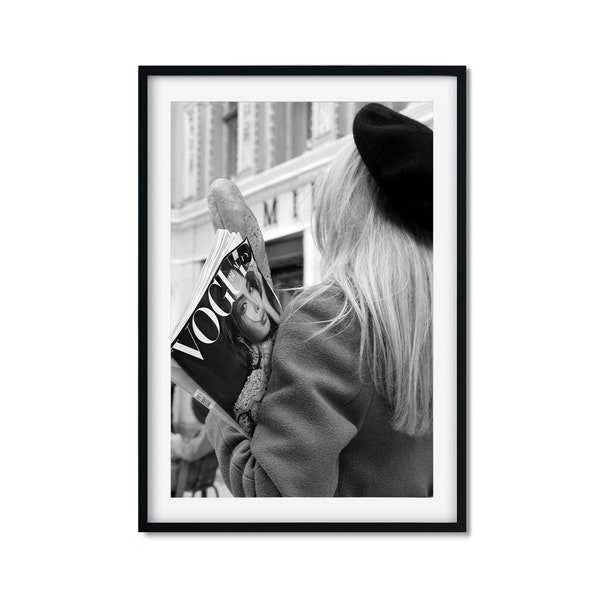 French Girl With a Baguette In Paris Print , Vogue Fashion Black and White Wall Art, Vintage Print, Photography Prints, High Quality Photo