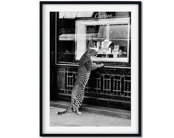 Panther in the Jewelry Shop Poster, Cheetah Print, Black and White, Vintage Photography, Fashion Print, 1950 Wall Art Poster, Vintage Poster