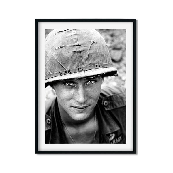 War Is Hell Print, An American soldier wears a hand lettered War Is Hell Helmet, Vintage Photography Prints, High Quality Photo Art Print