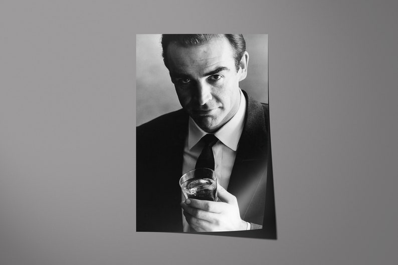 Sean Connery Print, 007 James Bond Martini Black and White Photo Wall Art, Vodka vintage Print