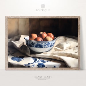 Pintura a óleo de natureza morta atemporal de maçãs, decoração suave para casa de fazenda rústica, arte minimalista para cozinha, nº 076