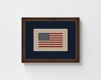 American Flag Wall Art, Embroidered Patriotic Print, Heritage Style Decor, Office Wall Decor Digital Download, No.2179