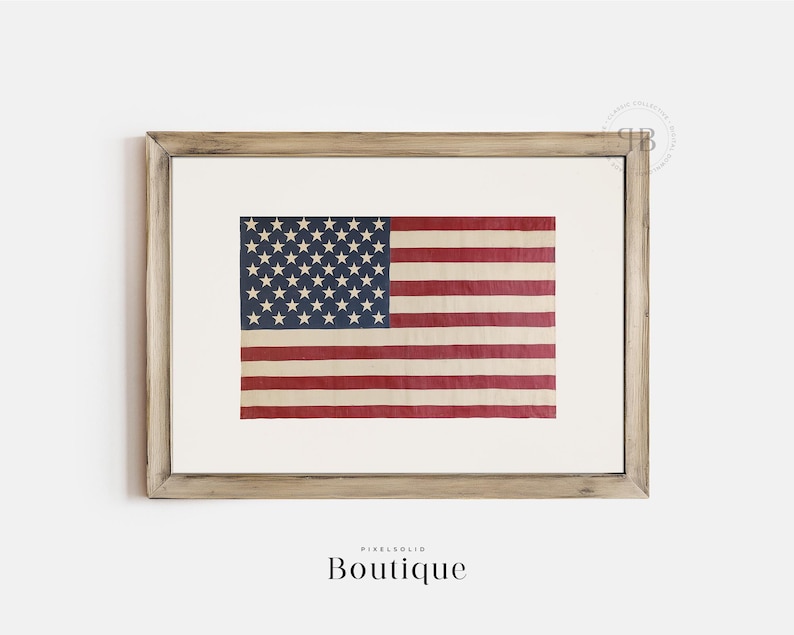May include: A framed print of a vintage American flag with faded red, white, and blue colors. The flag is displayed in a light wood frame.