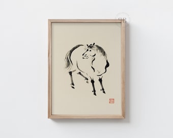 墨絵馬図：日本の水墨画、禅の筆遣い（デジタルダウンロード） - Etsy 日本